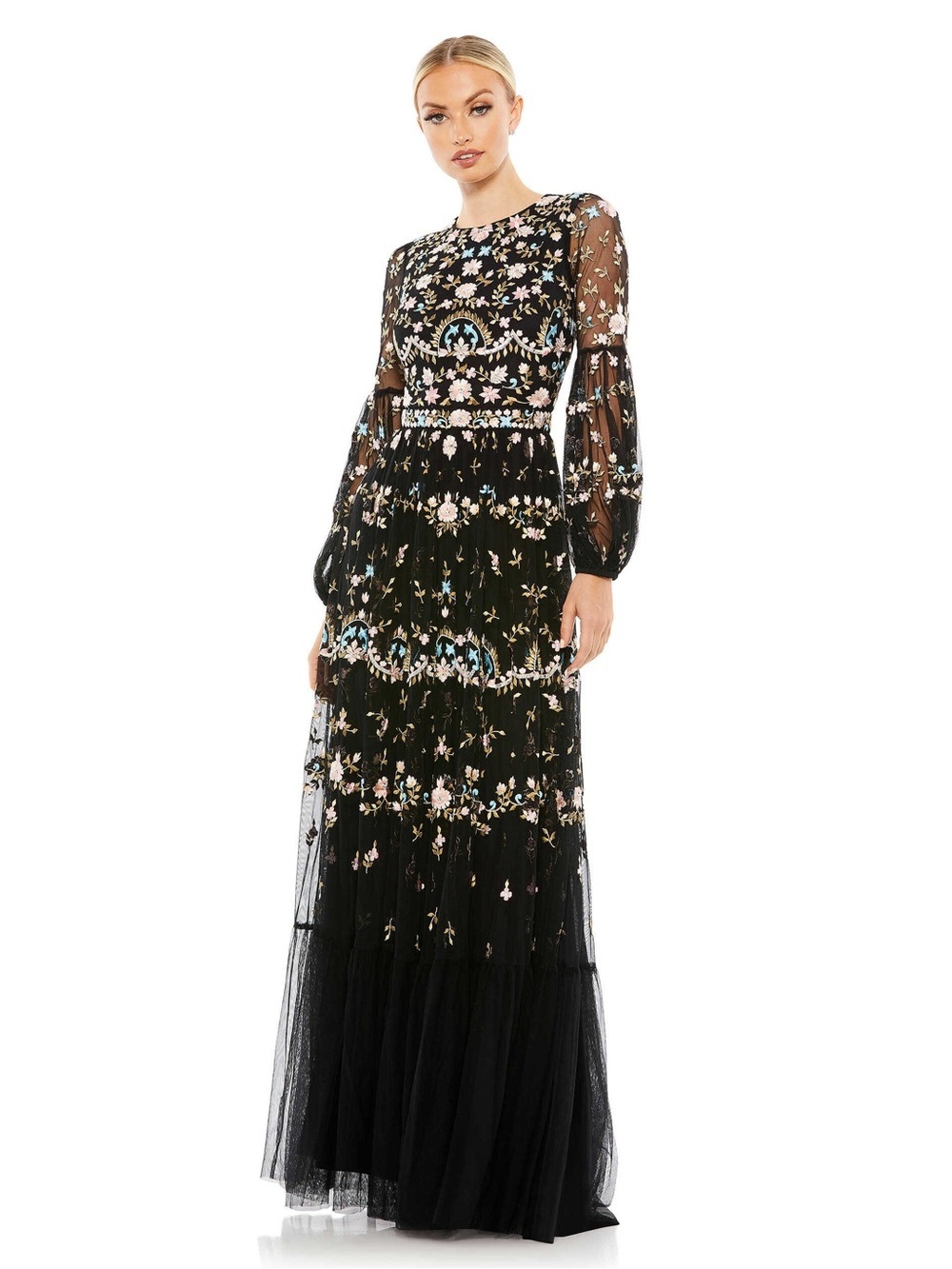 Mac Duggal 35111 Black Floral Embroidered Blouson Sleeve Gown Size 8 NWT